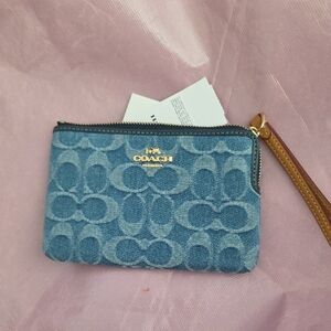 NWT Coach Denim Blue Wristlet with Tan Strap